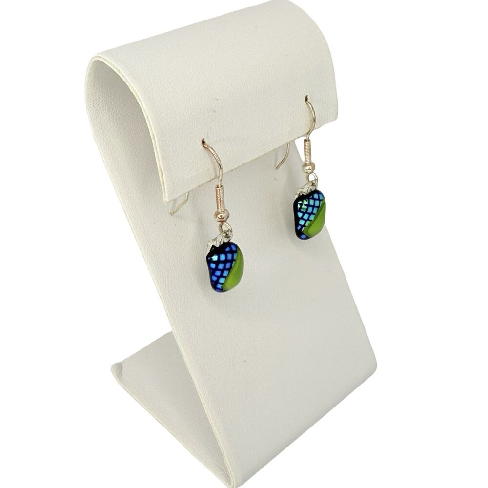 Artesian Dichroic Glass Dangle Earrings 1" Green & Blue Unique Murano Style - Picture 4 of 13